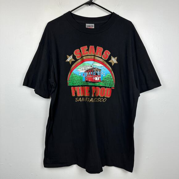 Vintage Oneita Power-T Sears Fine Food San Francisco Crewneck Black T-Shirt XL - Picture 1 of 8